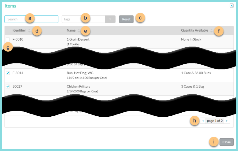A screenshot of the item search modal as described on this page.