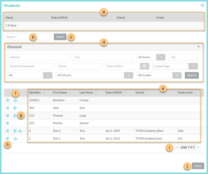 A screenshot of the student search modal as described on this page.