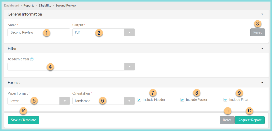 A screenshot of the second review report configuration screen as described on this page.