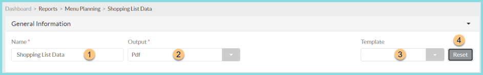 Screenshot of the general data on a shopping list report as described on this page.