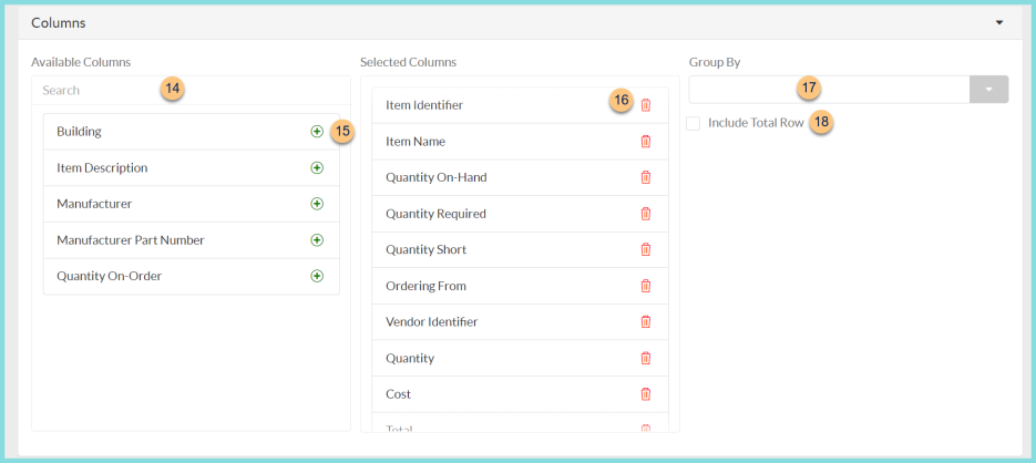 Screenshot of the available columns for the shopping list data report as described on this page.