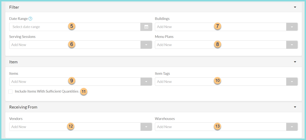 Screenshot of the filters, items, and receiving from fields on the shopping list data report as described on this page.