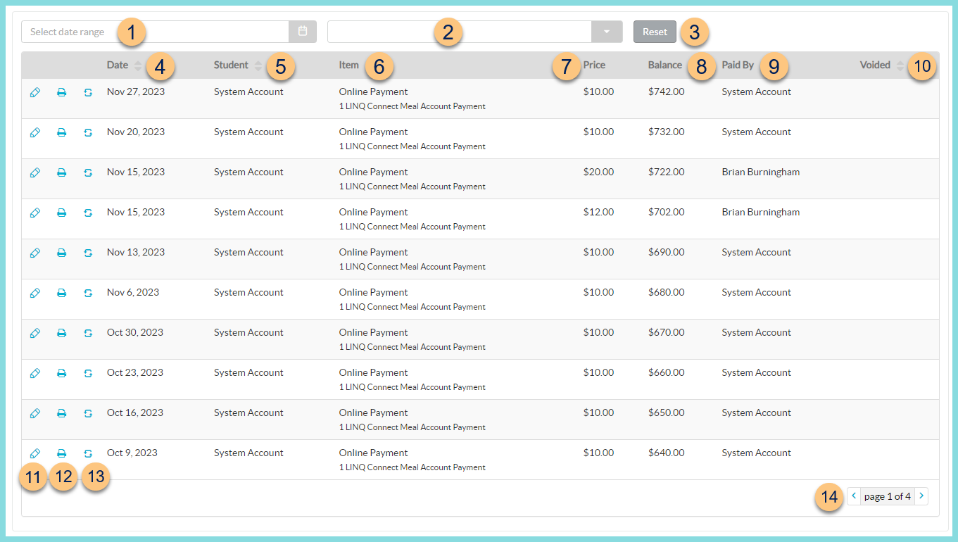 A screenshot of student or staff management transactions as described on this page.