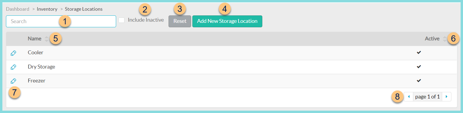 A screenshot of the storage location search screen as described on this page.
