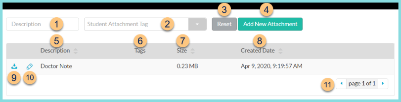 A screenshot of the student management attachments screen as described on this page.