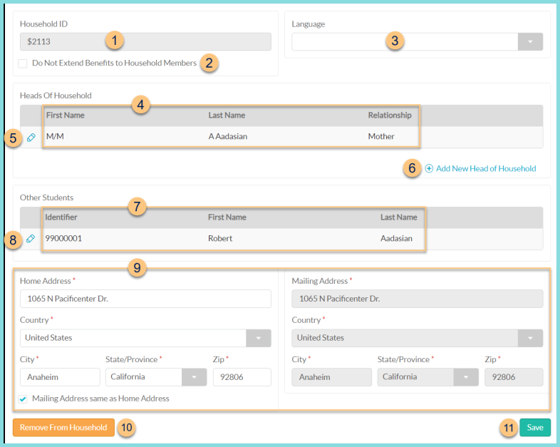 Screenshot of the Student Management Household Tab as described on this page.
