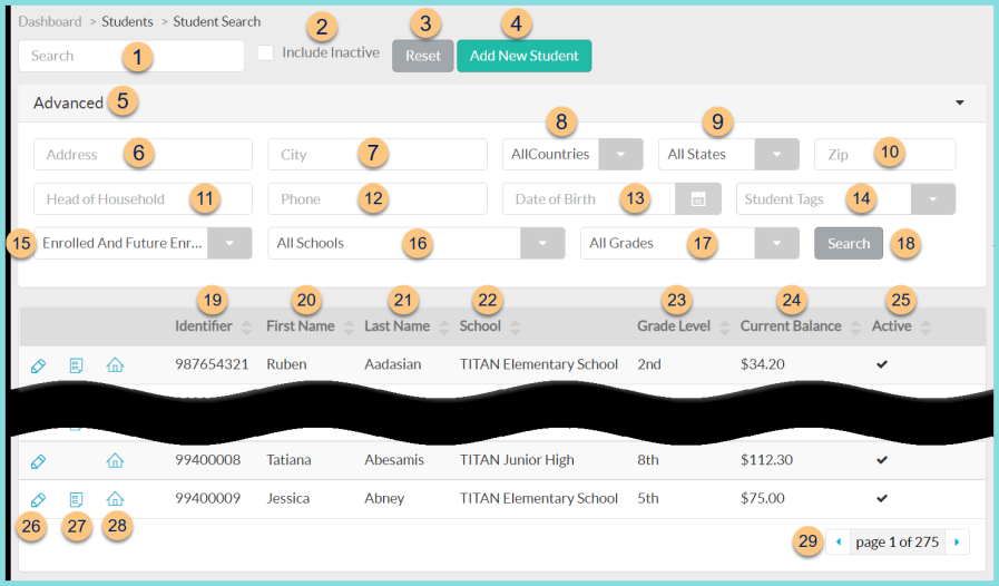 A screenshot of the student management search screen as described on this page.