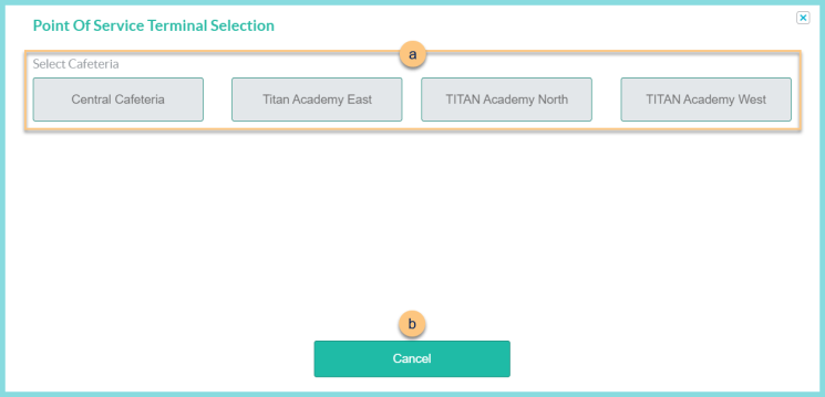 Screenshot of the Point of Service Cafeteria Selection modal as described on this page.