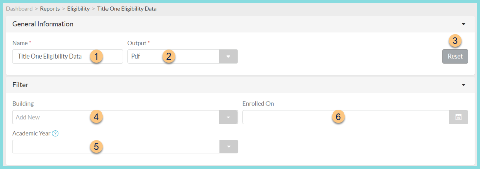 Screenshot of the Title One Eligibility General Information and Filters as described on this page.