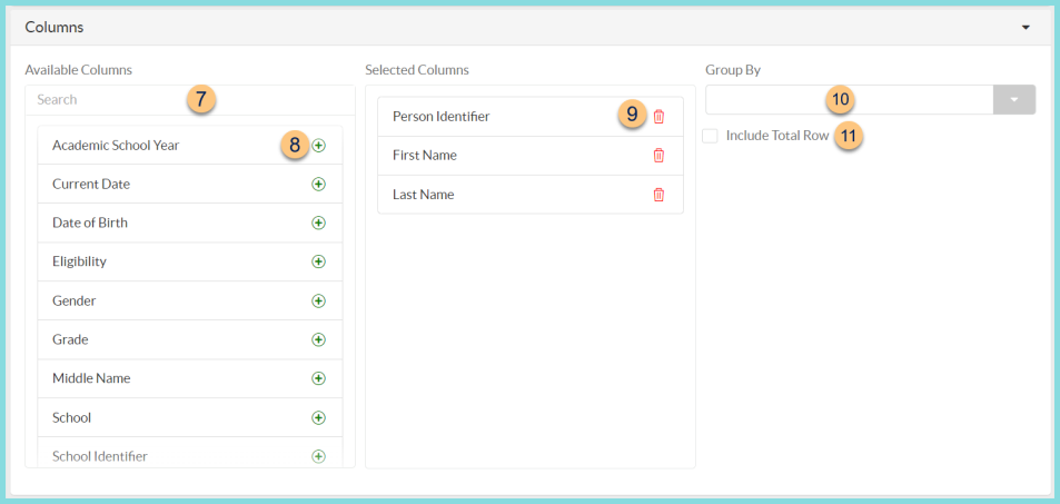 Screenshot of the available columns for the Title One Eligibility Report as described on this page.
