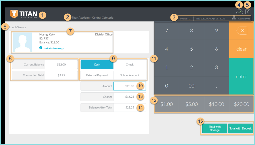 A screenshot of the POS total screen as described on this page.