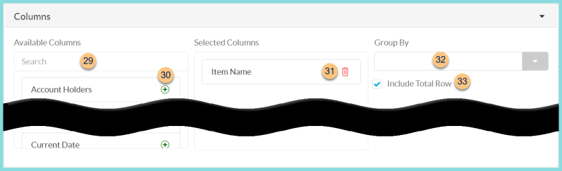Screenshot of the available columns for the Transaction Data Report as described on this page.