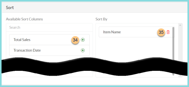 Screenshot of the available sort columns for the Transaction Data Report as described on this page.