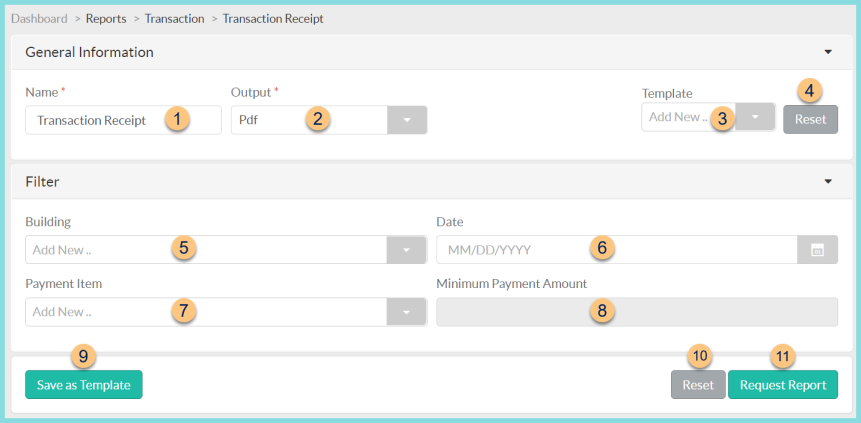 A screenshot of the transaction receipt report configuration screen as described on this page.