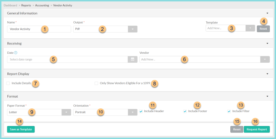 A screenshot of the vendor activity report configuration as described on this page.