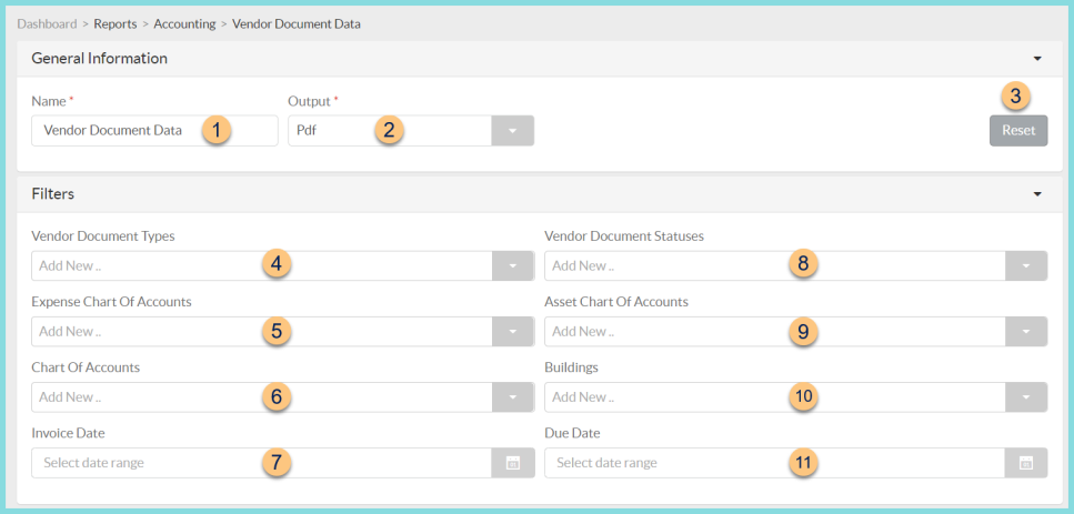 A screenshot of the vendor document data report configuration screen as described on this page.