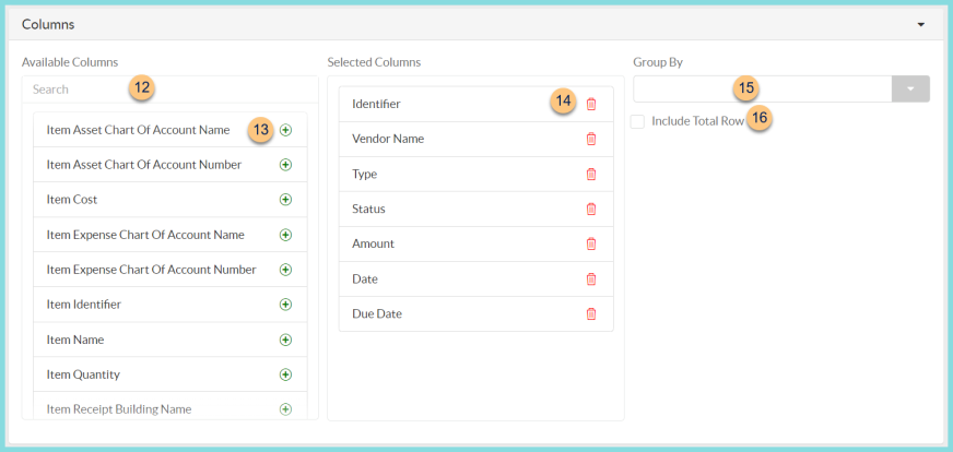A screenshot of the report column configuration options as described on this page.
