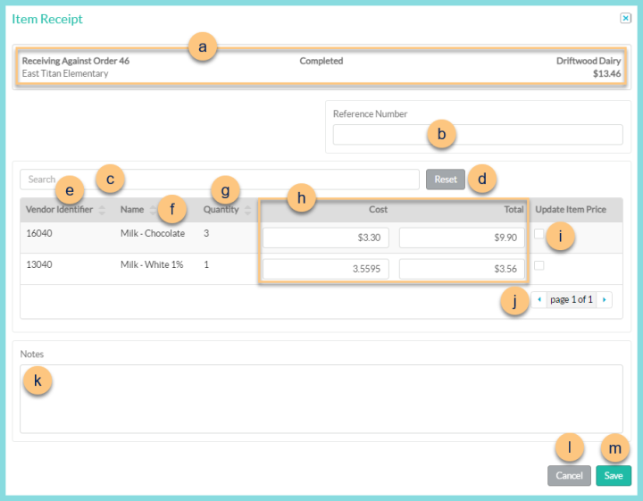 A screenshot of the item receipt modal as described on this page.
