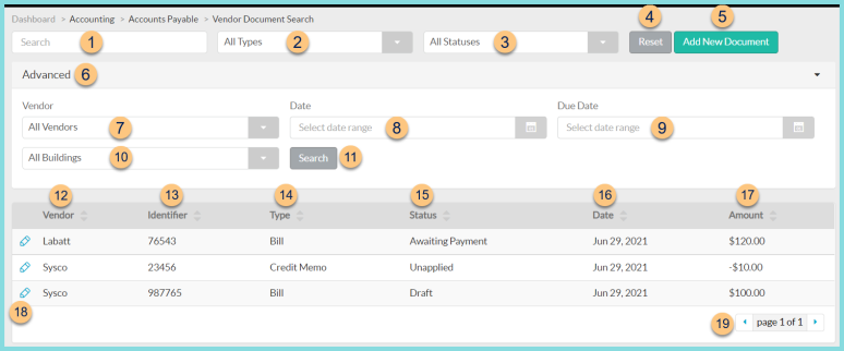 A screenshot of the vendor document search screen as described on this page.