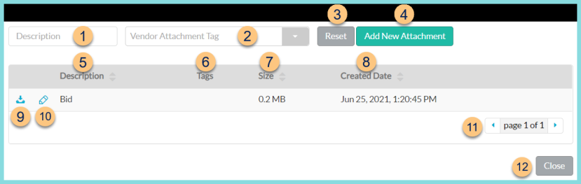 A screenshot of the vendor attachments screen as described on this page.