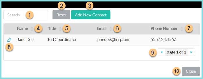 A screenshot of the vendor management contacts tab as described on this page.