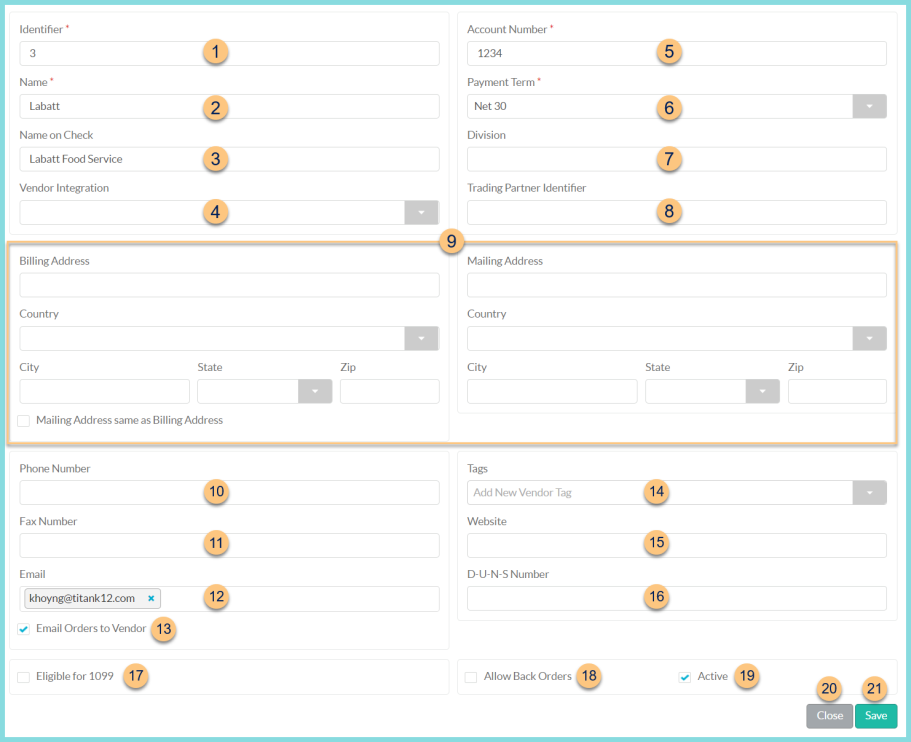 Screenshot of the Vendor Management general tab as described on this page.