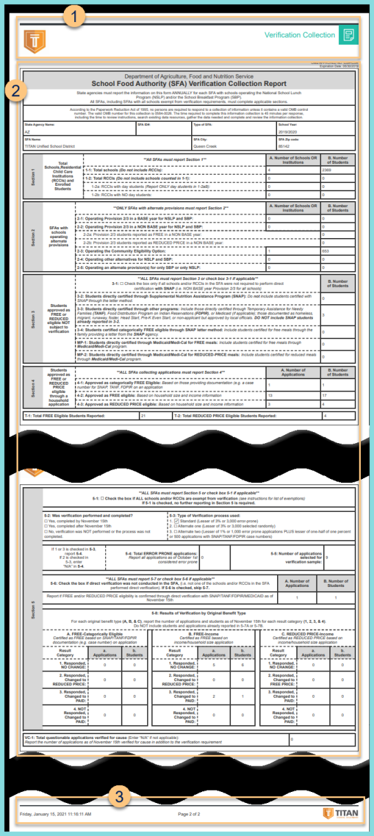 Screenshot of the Verification Collection Report format as described on this page.