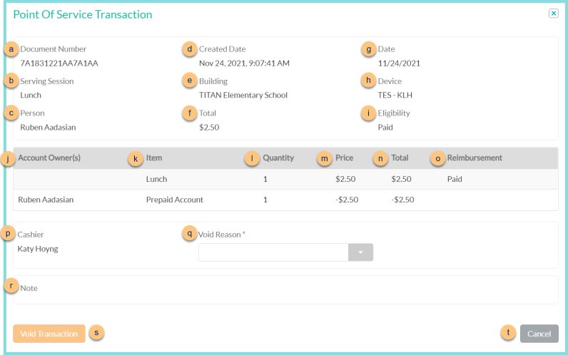 A screenshot of the Point of Service Transaction modal as described on this page.