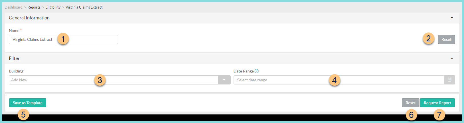 A screenshot of the VA claims extract report configuration as described on this page.