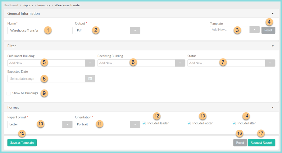 A screenshot of the warehouse transfer report configuration as described on this page.