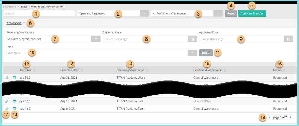 Screenshot of the Warehouse Transfers screen as described on this page.